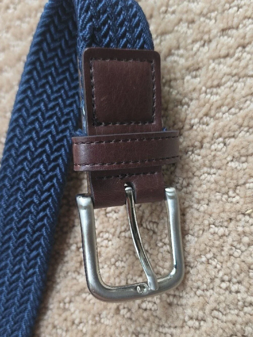 Youth XL Navy Stretch Woven Belt with Brown Leather Trim